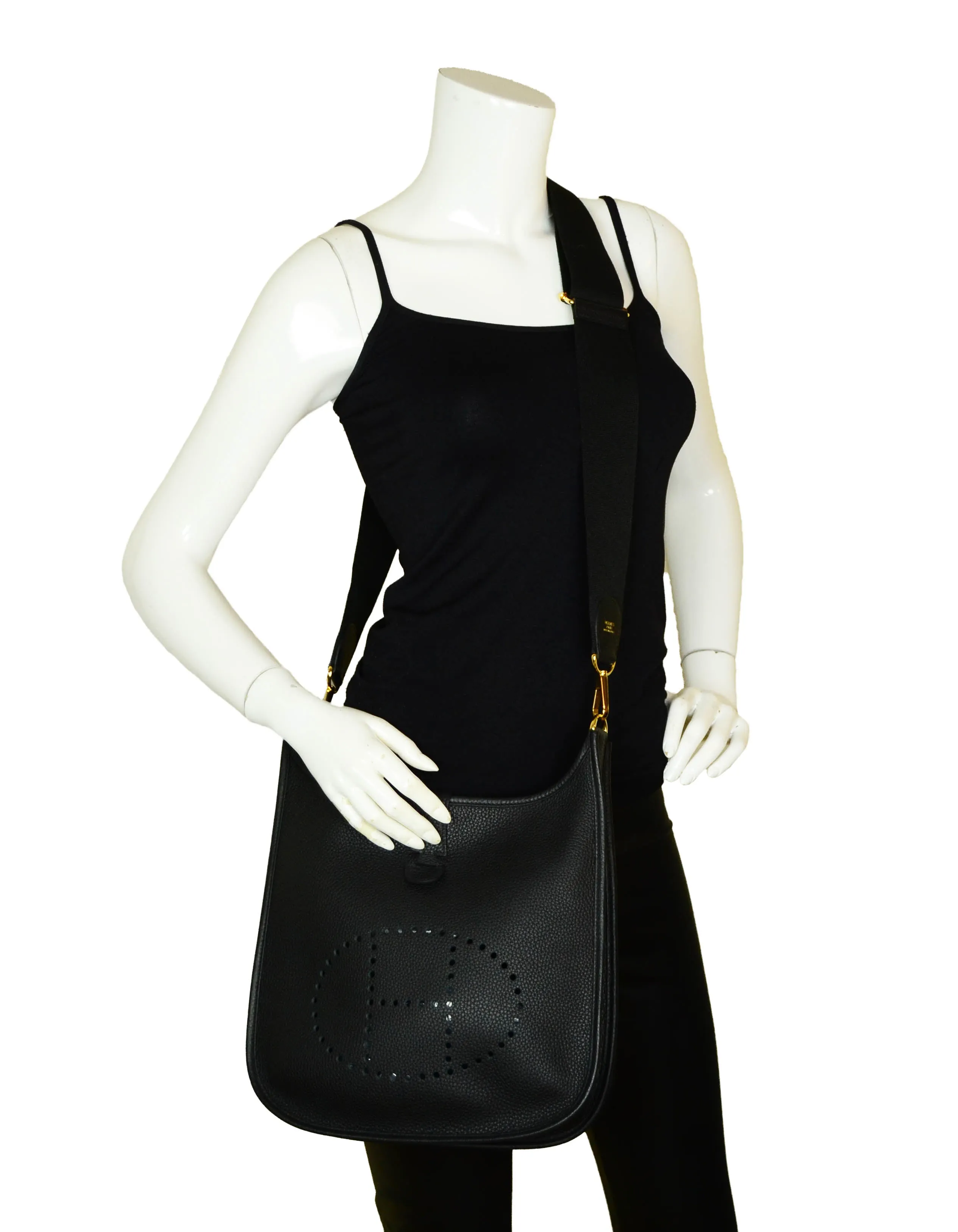 Hermes Black/Gold Taurillon Clemence Leather Evelyne III 29cm PM Bag