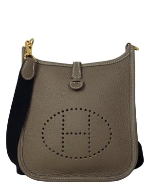 Hermes Etoupe/ Bleu Indigo Taurillon Clemence Evelyne TPM Crossbody Bag
