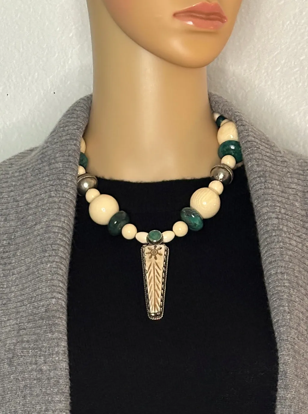 Horn and Chrysocolla Statement Necklace with Tibetan Pendant
