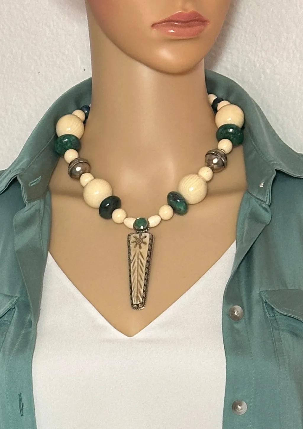 Horn and Chrysocolla Statement Necklace with Tibetan Pendant