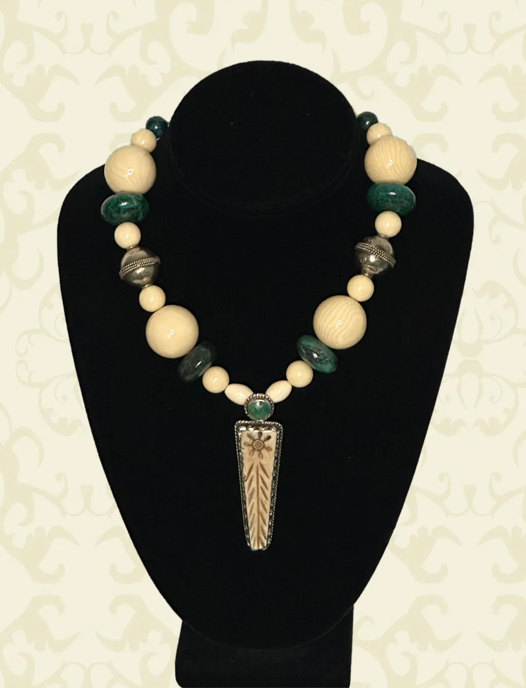Horn and Chrysocolla Statement Necklace with Tibetan Pendant