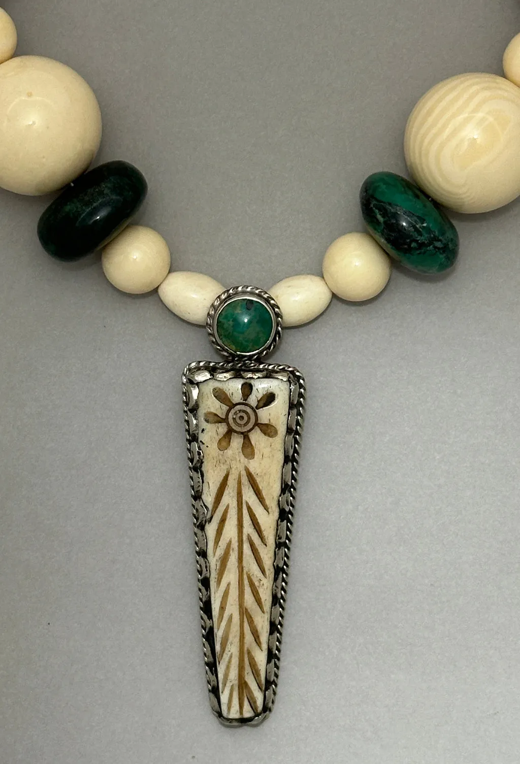 Horn and Chrysocolla Statement Necklace with Tibetan Pendant