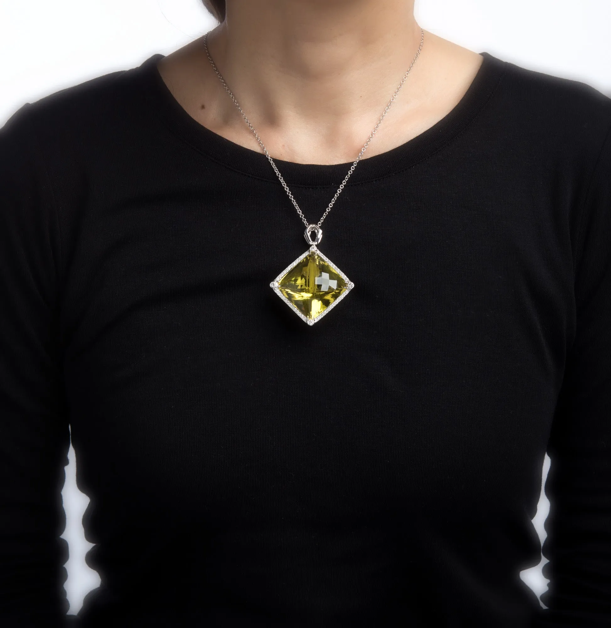 Huge 96ct Lemon Quartz Diamond Pendant 14k White Gold Estate Fine Jewelry