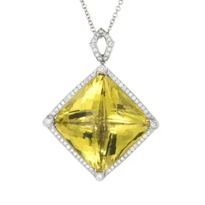 Huge 96ct Lemon Quartz Diamond Pendant 14k White Gold Estate Fine Jewelry