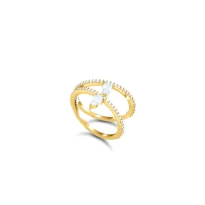 Inclined Two Line Teadrops Ring - Gold White
