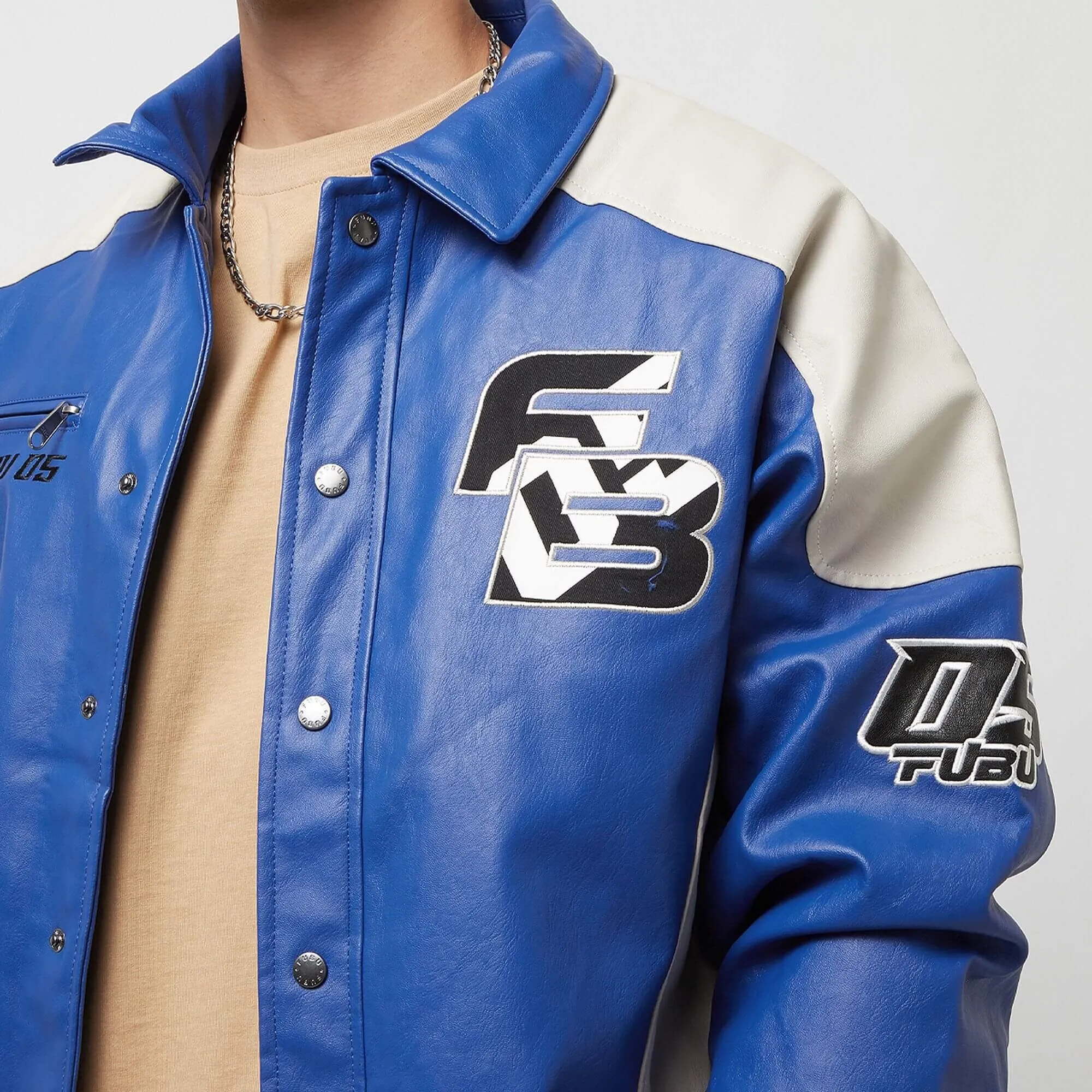 Kožená bunda FUBU Corporate Leather Jacket modrá