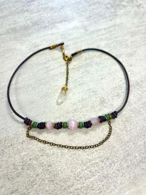 Kunzite, Crystal, and Leather Necklace | Handcrafted Jewelry