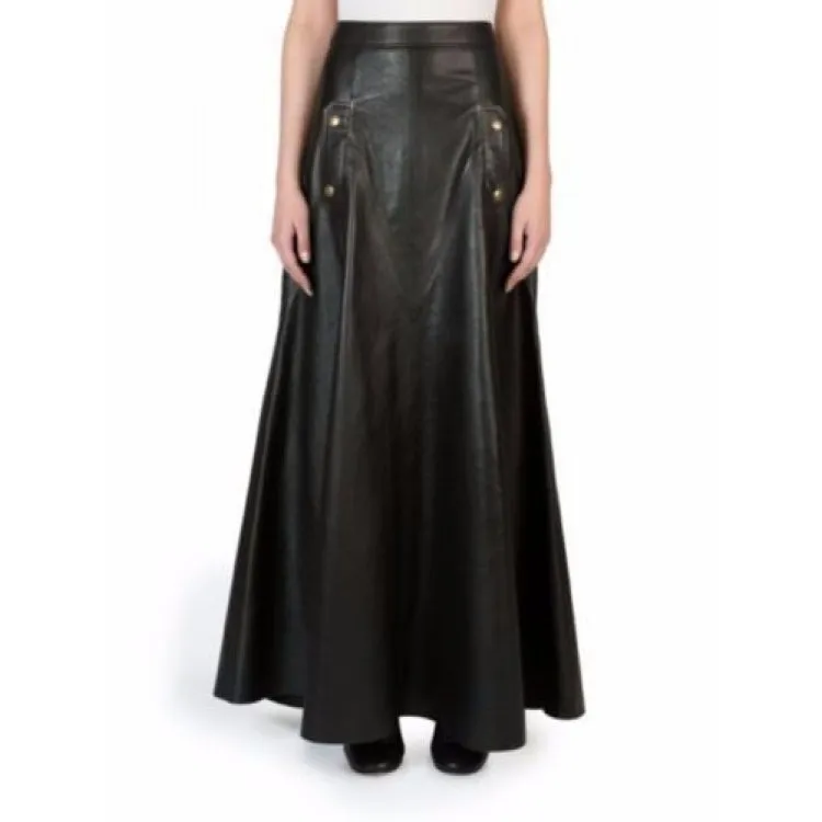 Ladies Long Slim fit Genuine Soft Lambskin Black Leather Skirt
