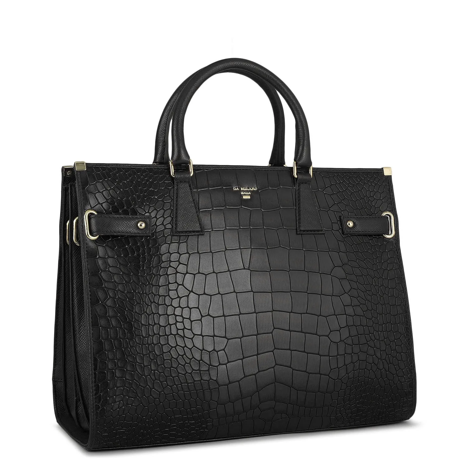 Large Croco Franzy Leather Satchel - Black