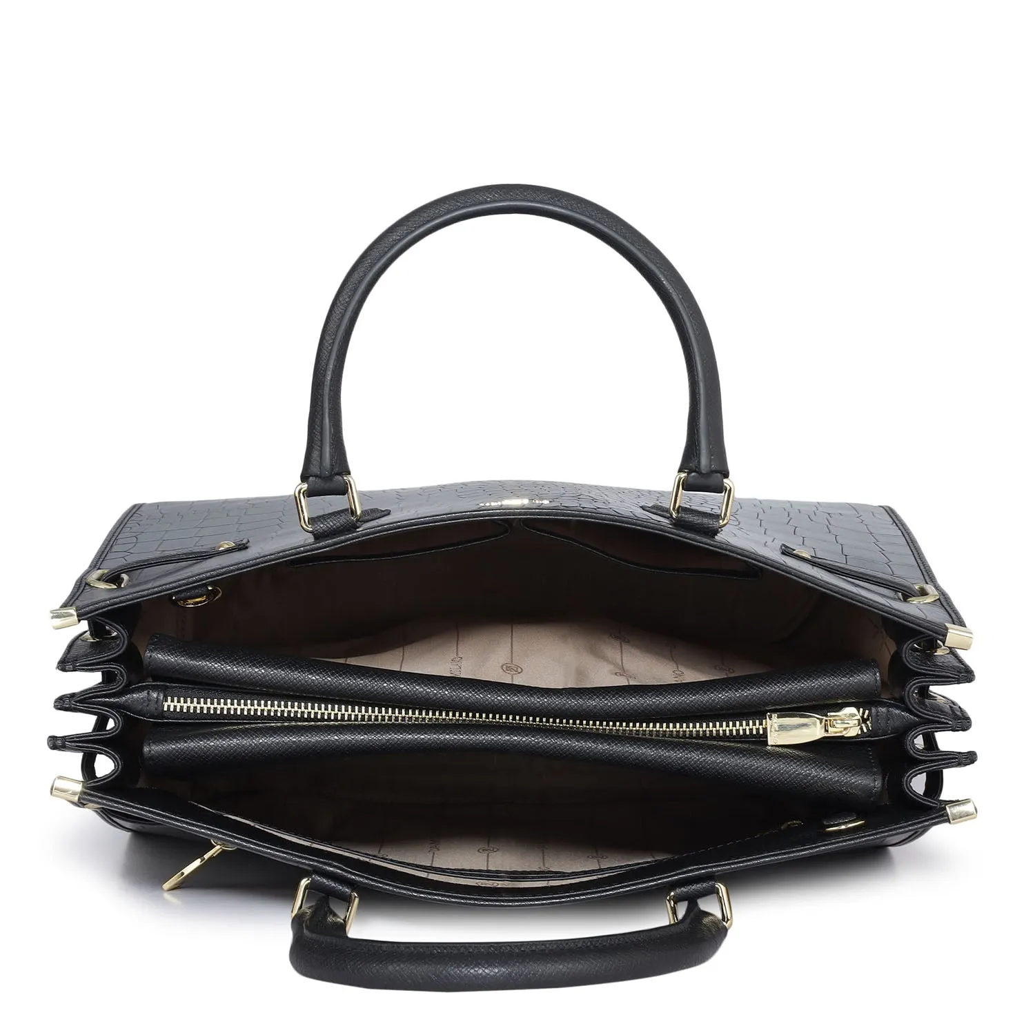 Large Croco Franzy Leather Satchel - Black