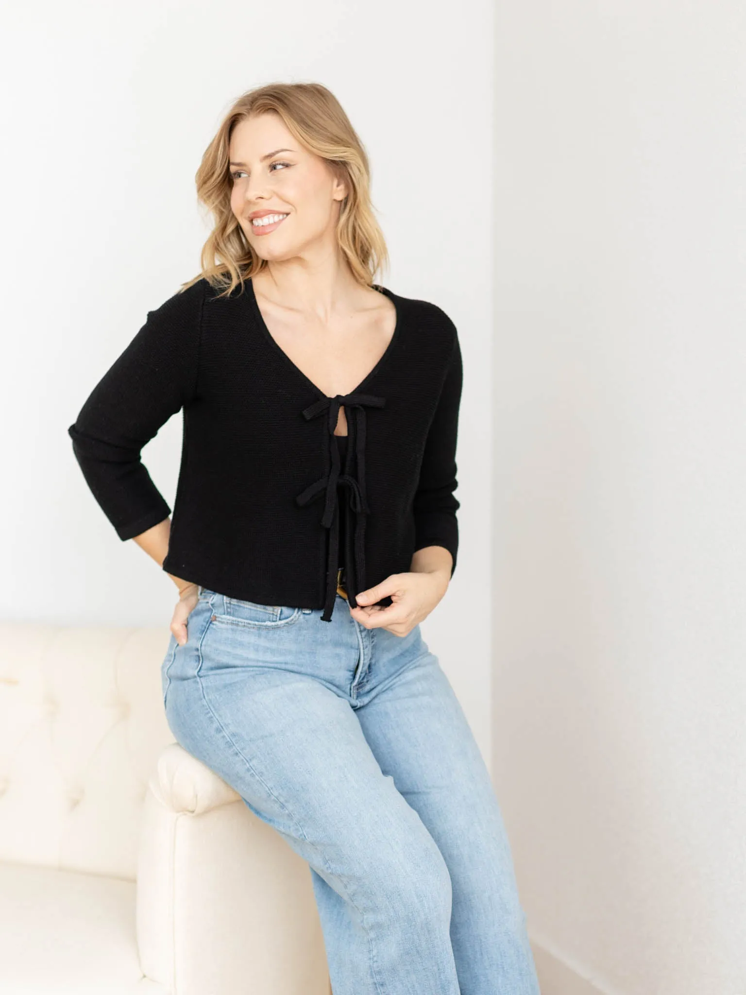 Long Sleeve Knitted Tie Front Cardigan