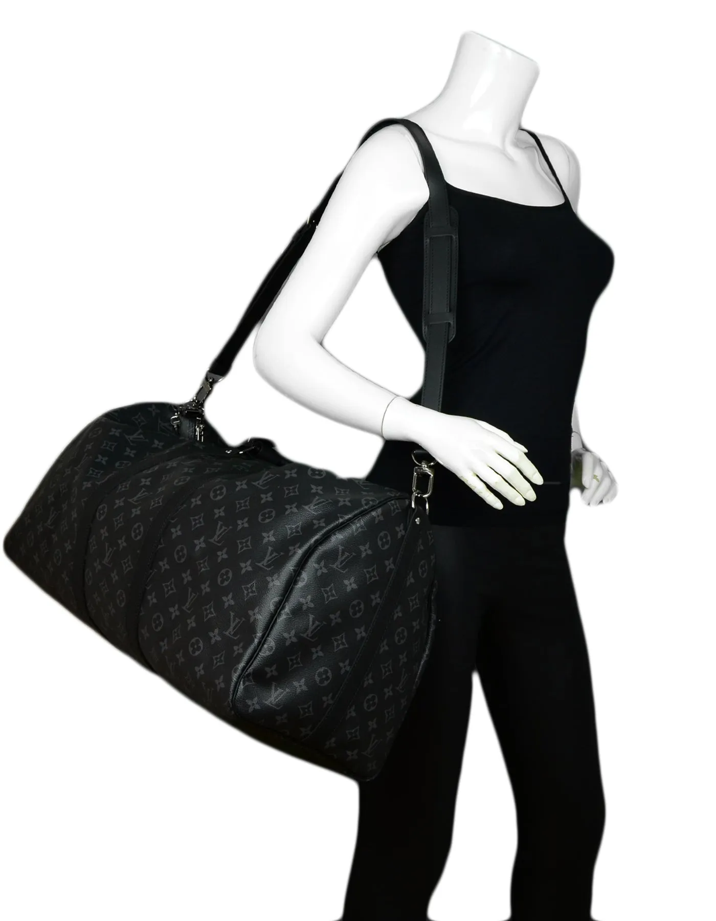 Louis Vuitton 2018 Black Monogram Eclipse Canvas Keepall 55 Bandouliere Bag