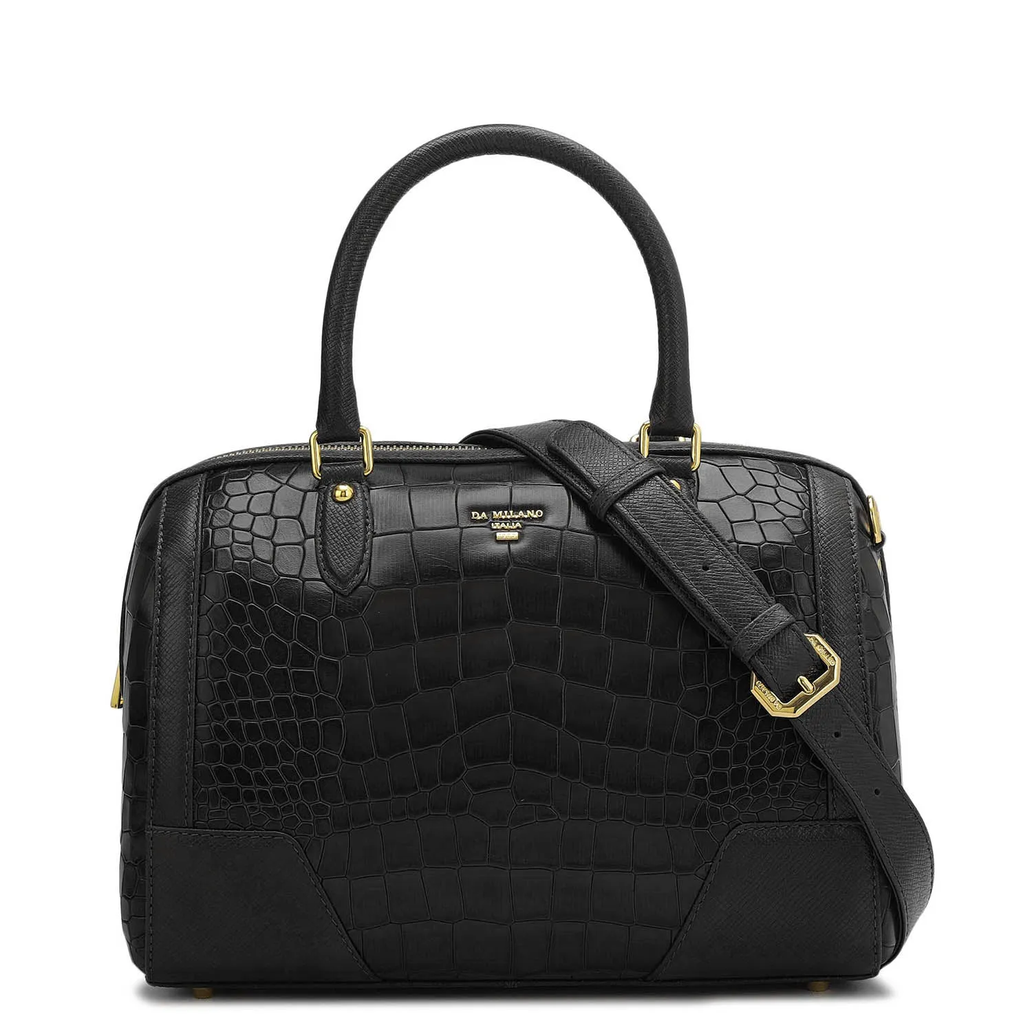 Medium Croco Franzy Leather Satchel - Black