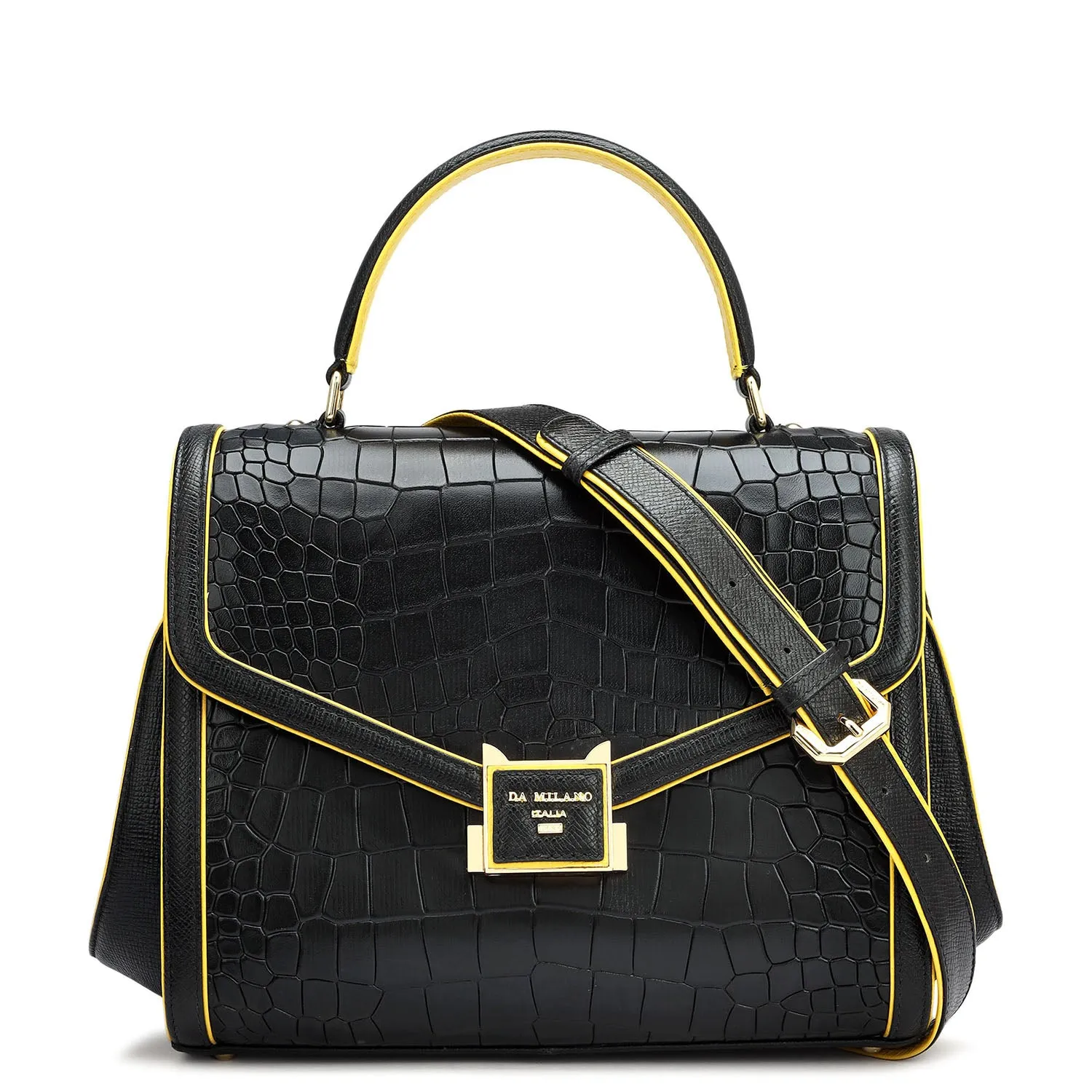 Medium Croco Leather Satchel - Black