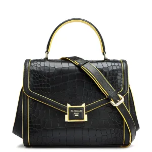 Medium Croco Leather Satchel - Black