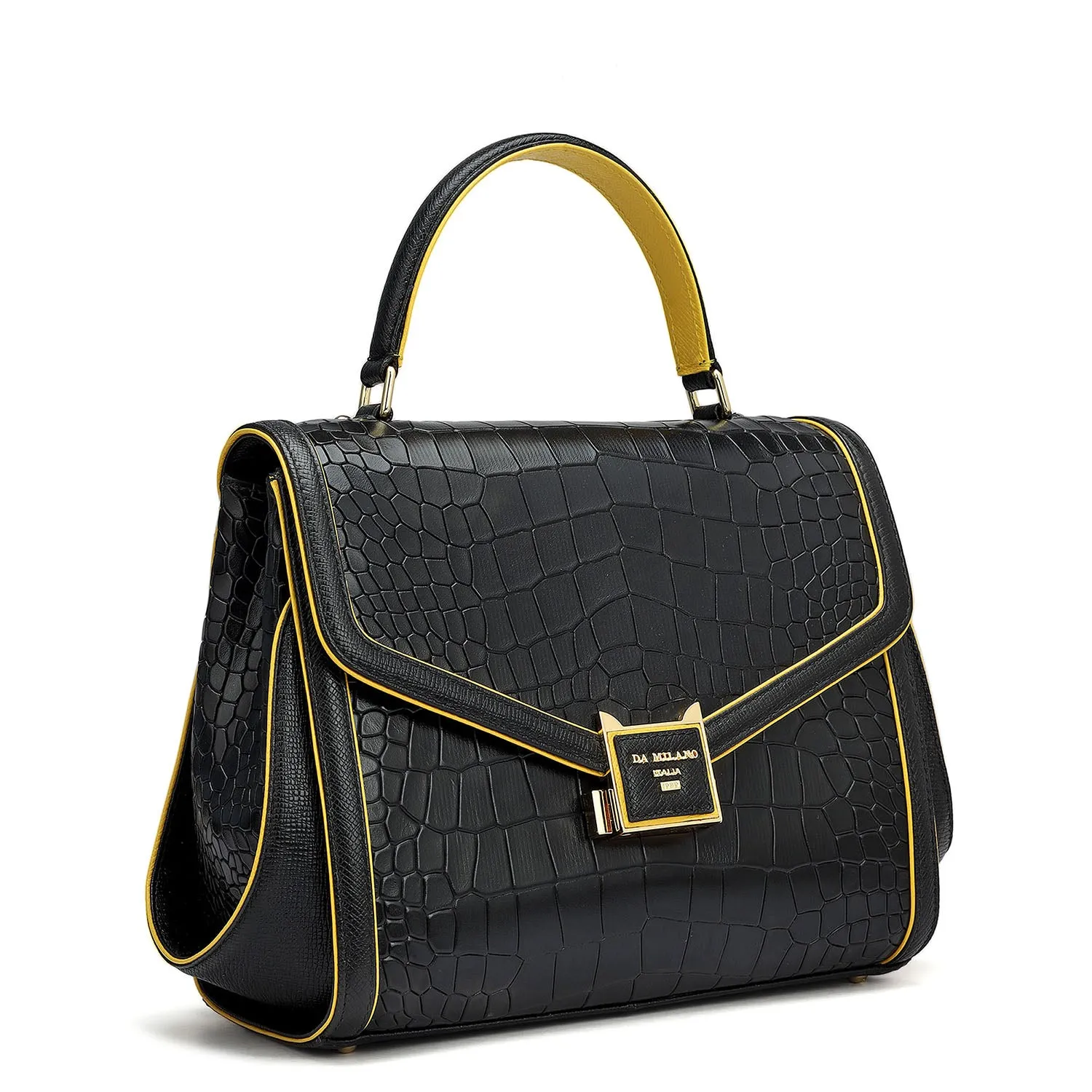 Medium Croco Leather Satchel - Black