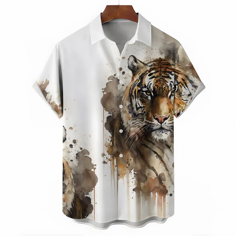 Men's Eye-Catching Tiger Print Short Sleeve Shirt 2406002642