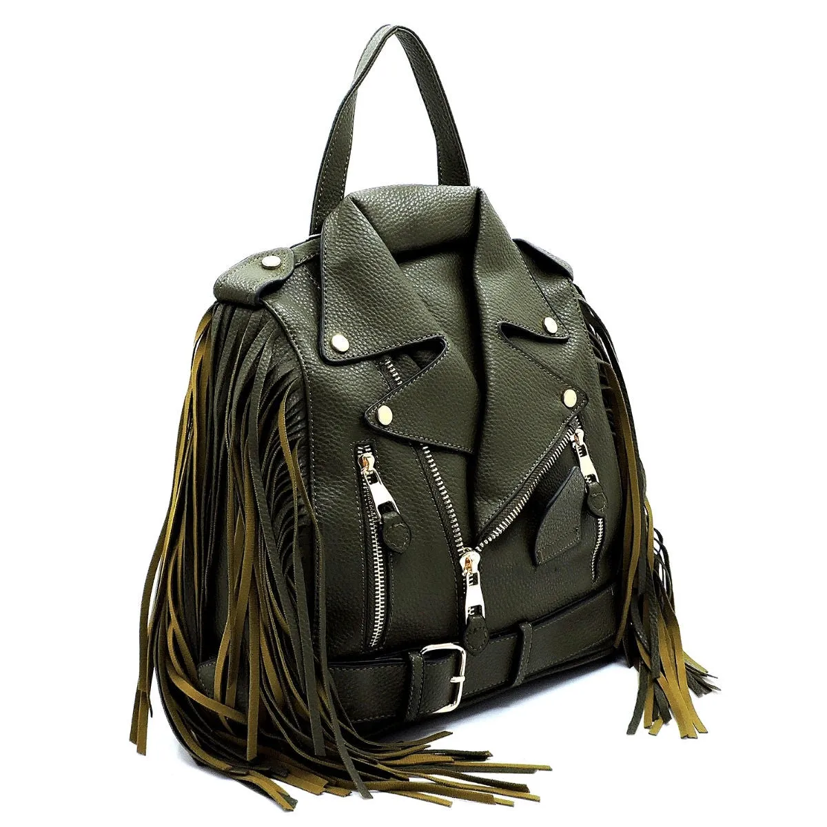Military Green Moto Jacket Fringe Backpack