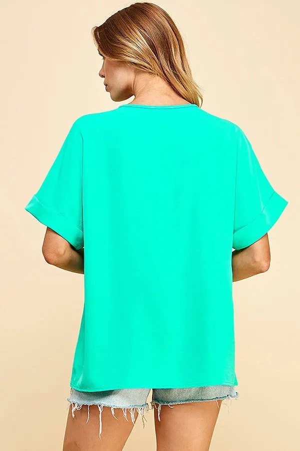 Mint Solid Collared Short Sleeve Loose Boxy Top