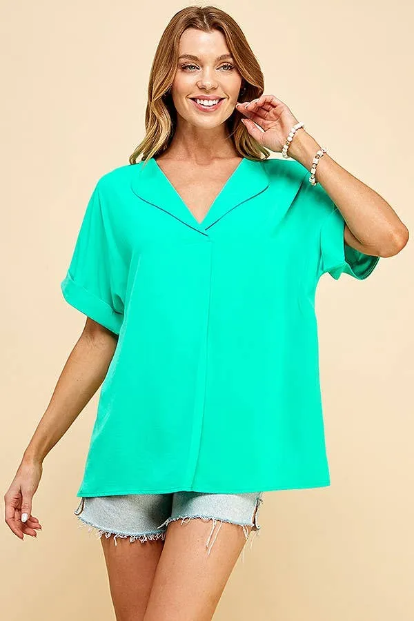 Mint Solid Collared Short Sleeve Loose Boxy Top