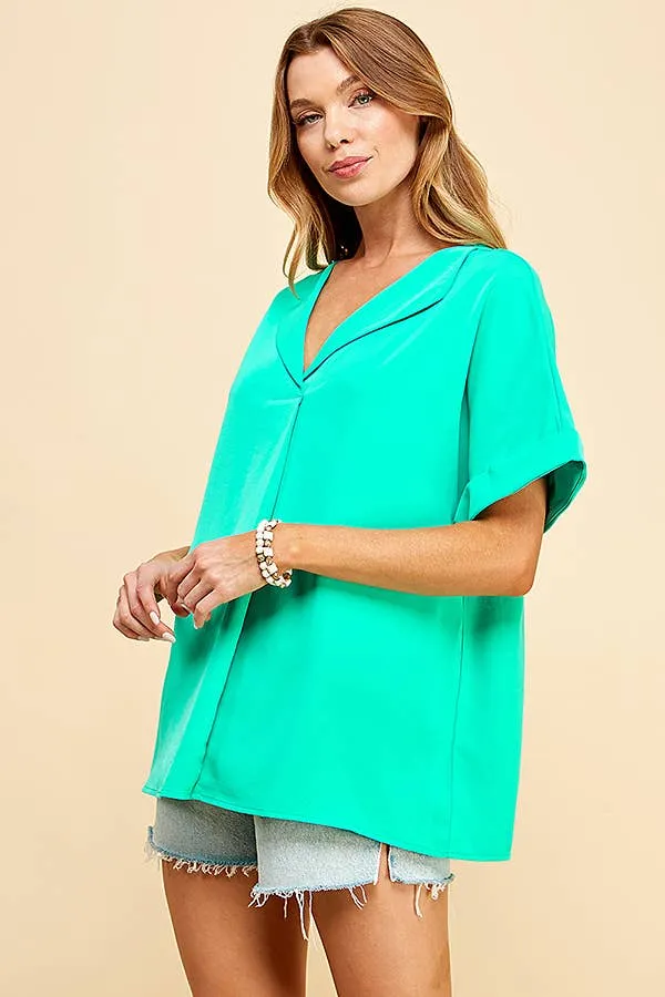 Mint Solid Collared Short Sleeve Loose Boxy Top