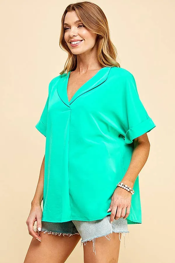 Mint Solid Collared Short Sleeve Loose Boxy Top