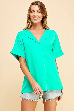 Mint Solid Collared Short Sleeve Loose Boxy Top