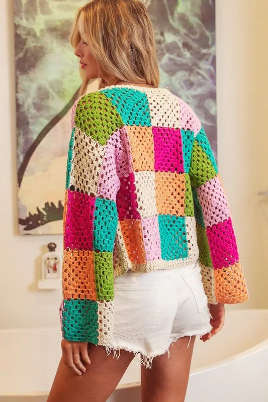 Multi Color Crochet Open Cardigan