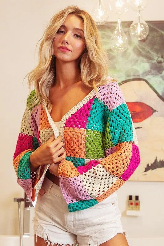 Multi Color Crochet Open Cardigan