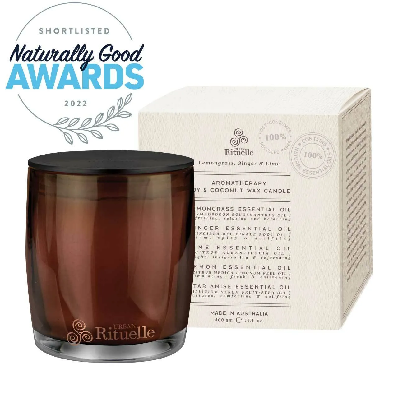 Natural Remedy Lemongrass, Ginger & Lime Aromatherapy Soy & Coconut Wax Candle - 400g
