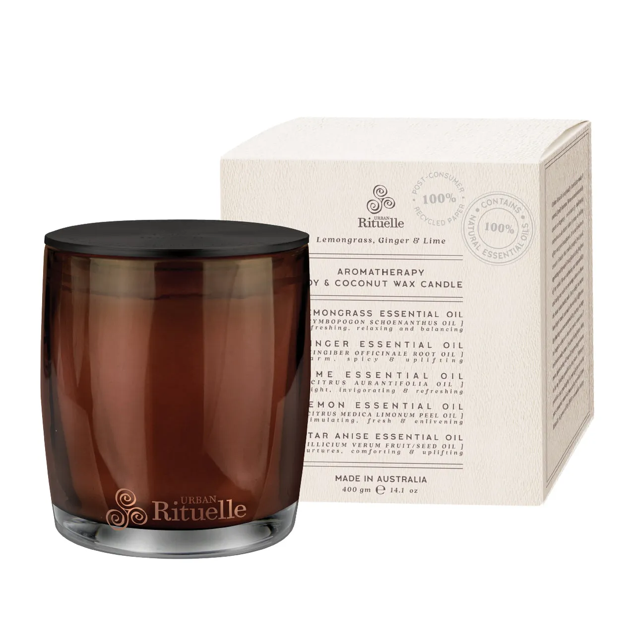 Natural Remedy Lemongrass, Ginger & Lime Aromatherapy Soy & Coconut Wax Candle - 400g