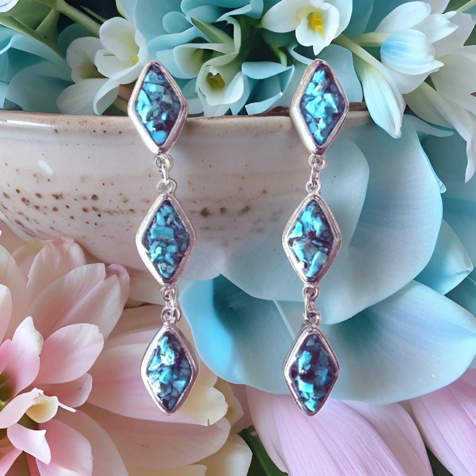 Natural Turquoise and Silver Tier Drop Earrings by The Urban Charm