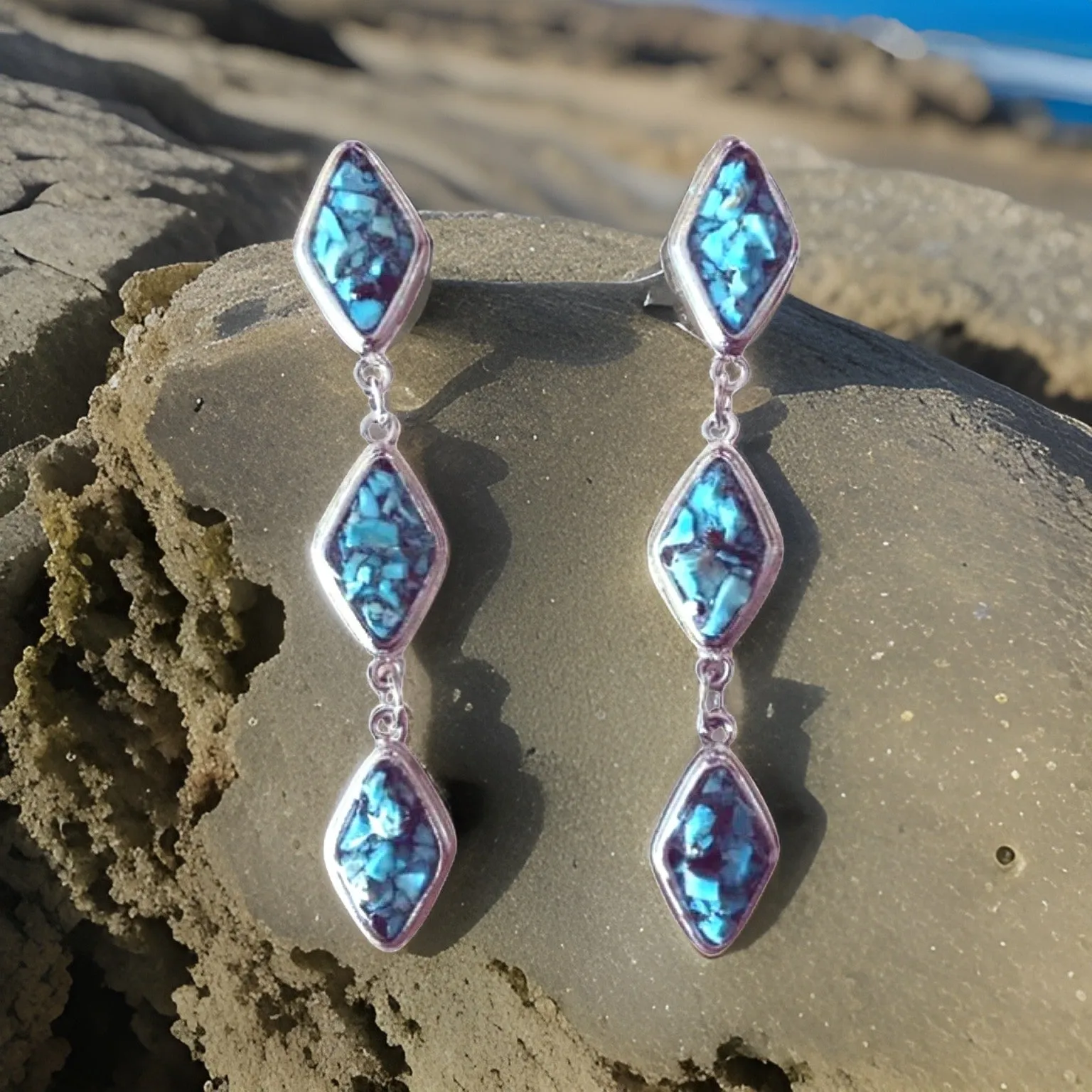 Natural Turquoise and Silver Tier Drop Earrings by The Urban Charm