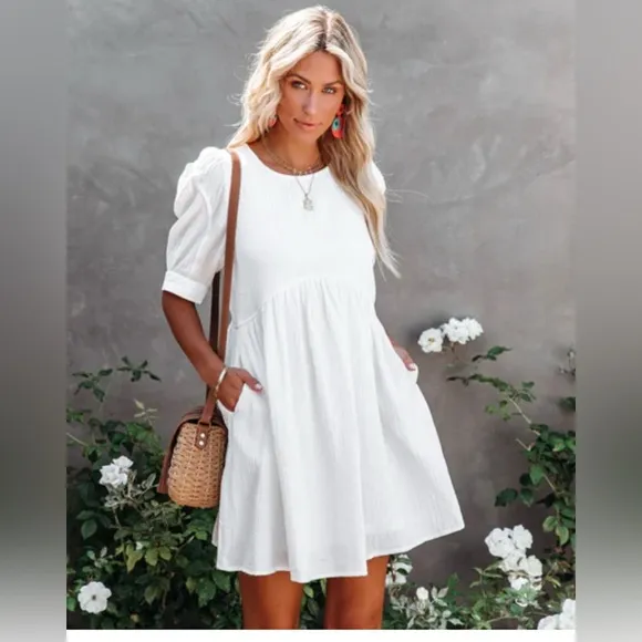 Natural White Cotton Soft Linen Like Boho Baby Doll Mini Dress size Medium, NWT