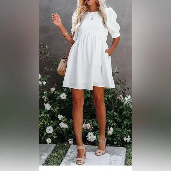 Natural White Cotton Soft Linen Like Boho Baby Doll Mini Dress size Medium, NWT