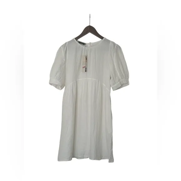 Natural White Cotton Soft Linen Like Boho Baby Doll Mini Dress size Medium, NWT