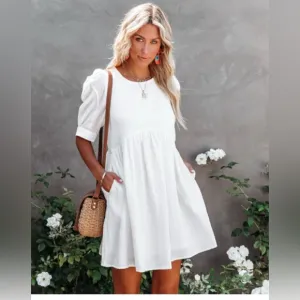 Natural White Cotton Soft Linen Like Boho Baby Doll Mini Dress size Medium, NWT