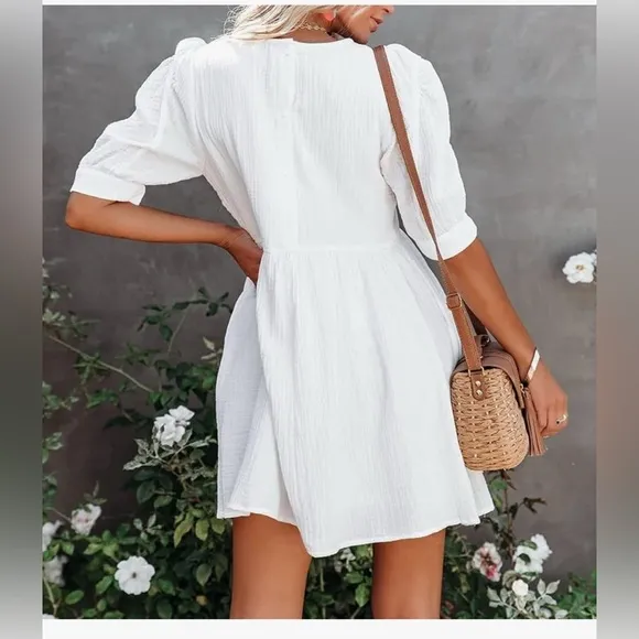 Natural White Cotton Soft Linen Like Boho Baby Doll Mini Dress size Medium, NWT