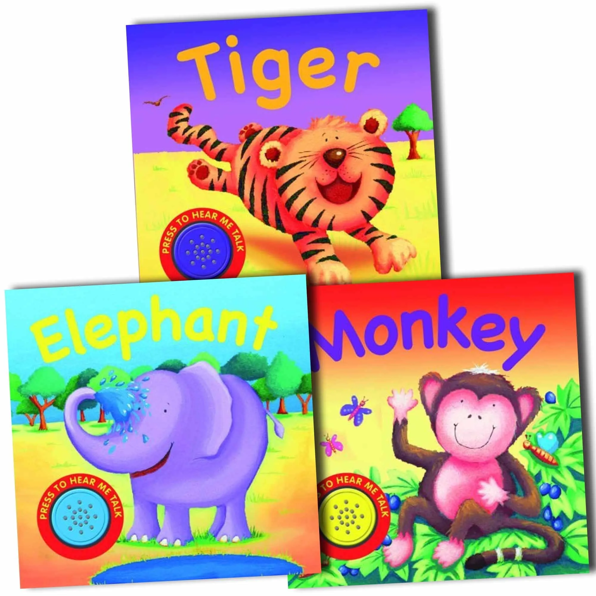 New Monkey, Elephant, Tiger, Childrens 3 Animal Jungle Sound Books Collection Set Hardcover