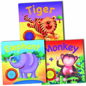 New Monkey, Elephant, Tiger, Childrens 3 Animal Jungle Sound Books Collection Set Hardcover