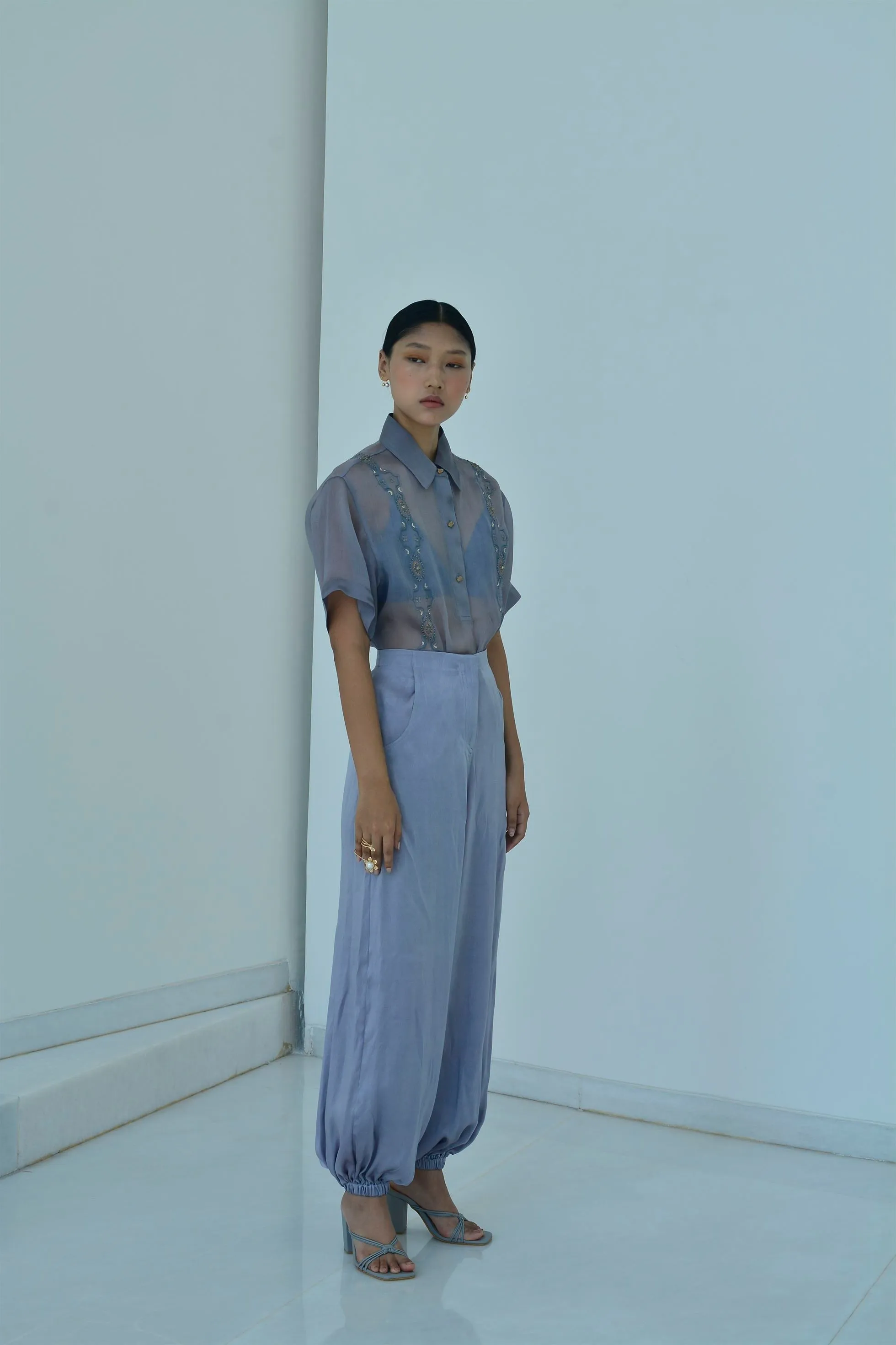 New Season Summer to Fall 2024-Shirt Boxy Embroidered Organza Silk Pigeon Blue-B/OS/032-Suzanne-Fashion Edit Hemji