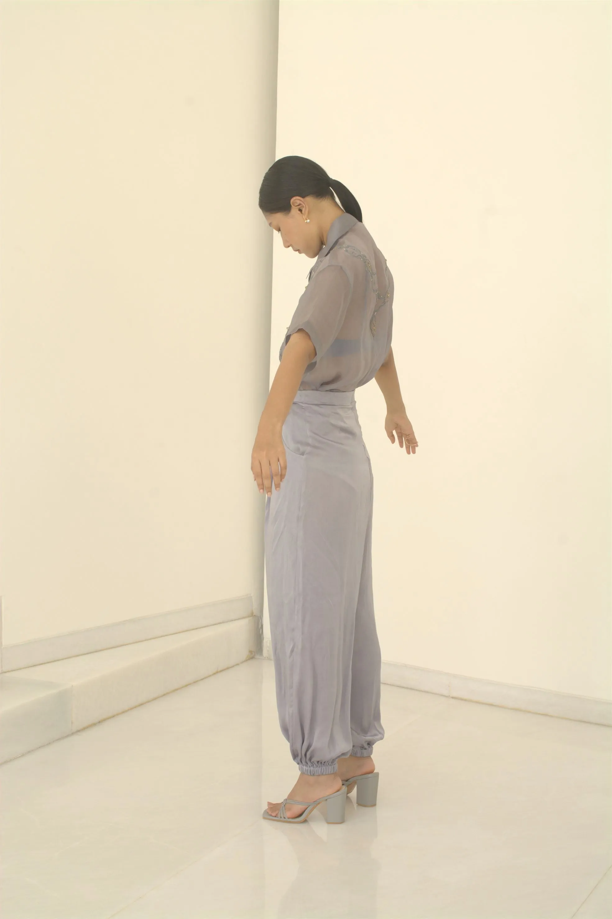 New Season Summer to Fall 2024-Shirt Boxy Embroidered Organza Silk Pigeon Blue-B/OS/032-Suzanne-Fashion Edit Hemji