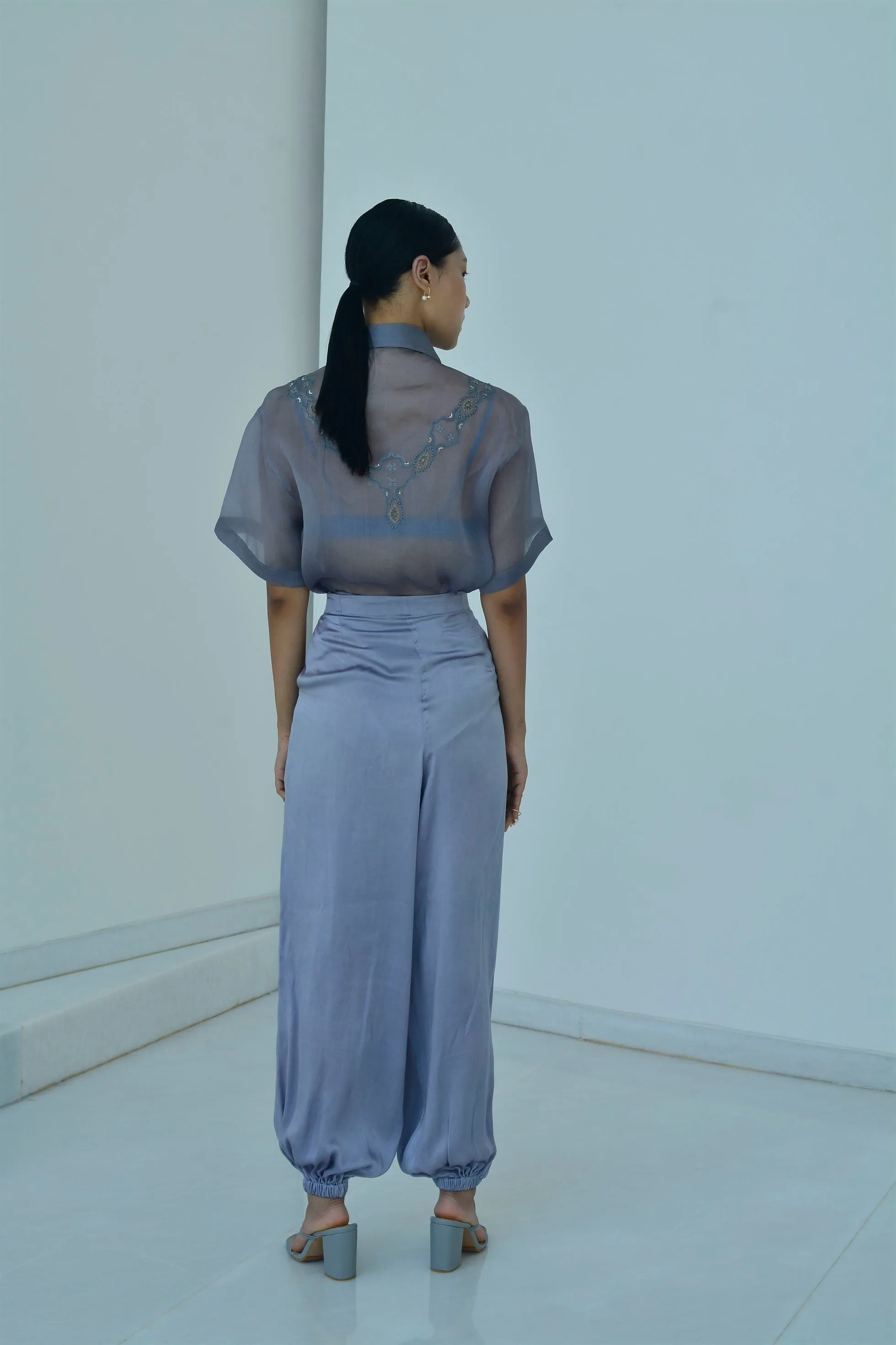 New Season Summer to Fall 2024-Shirt Boxy Embroidered Organza Silk Pigeon Blue-B/OS/032-Suzanne-Fashion Edit Hemji