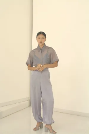 New Season Summer to Fall 2024-Shirt Boxy Embroidered Organza Silk Pigeon Blue-B/OS/032-Suzanne-Fashion Edit Hemji