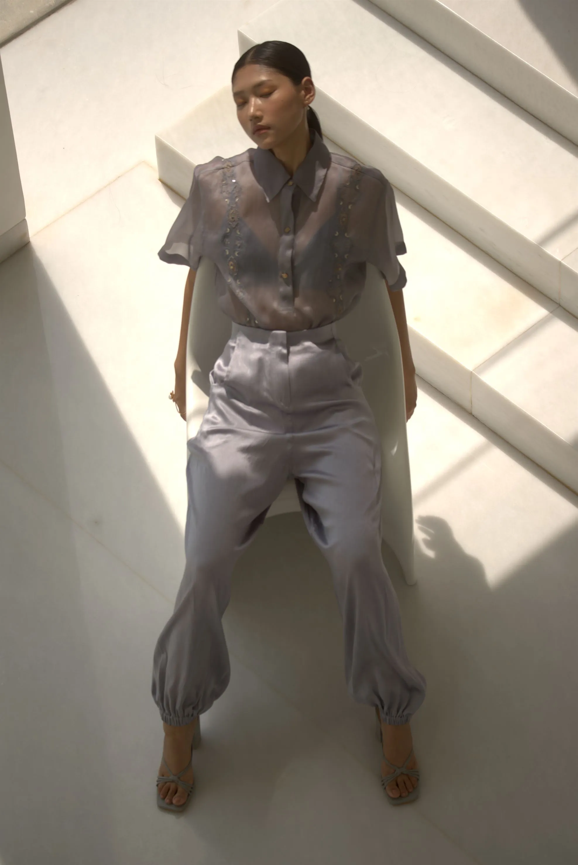 New Season Summer to Fall 2024-Shirt Boxy Embroidered Organza Silk Pigeon Blue-B/OS/032-Suzanne-Fashion Edit Hemji