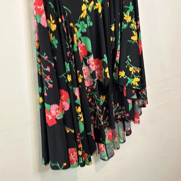 NWOT Cabi Black floral drama wrap high low ruffle skirt size medium