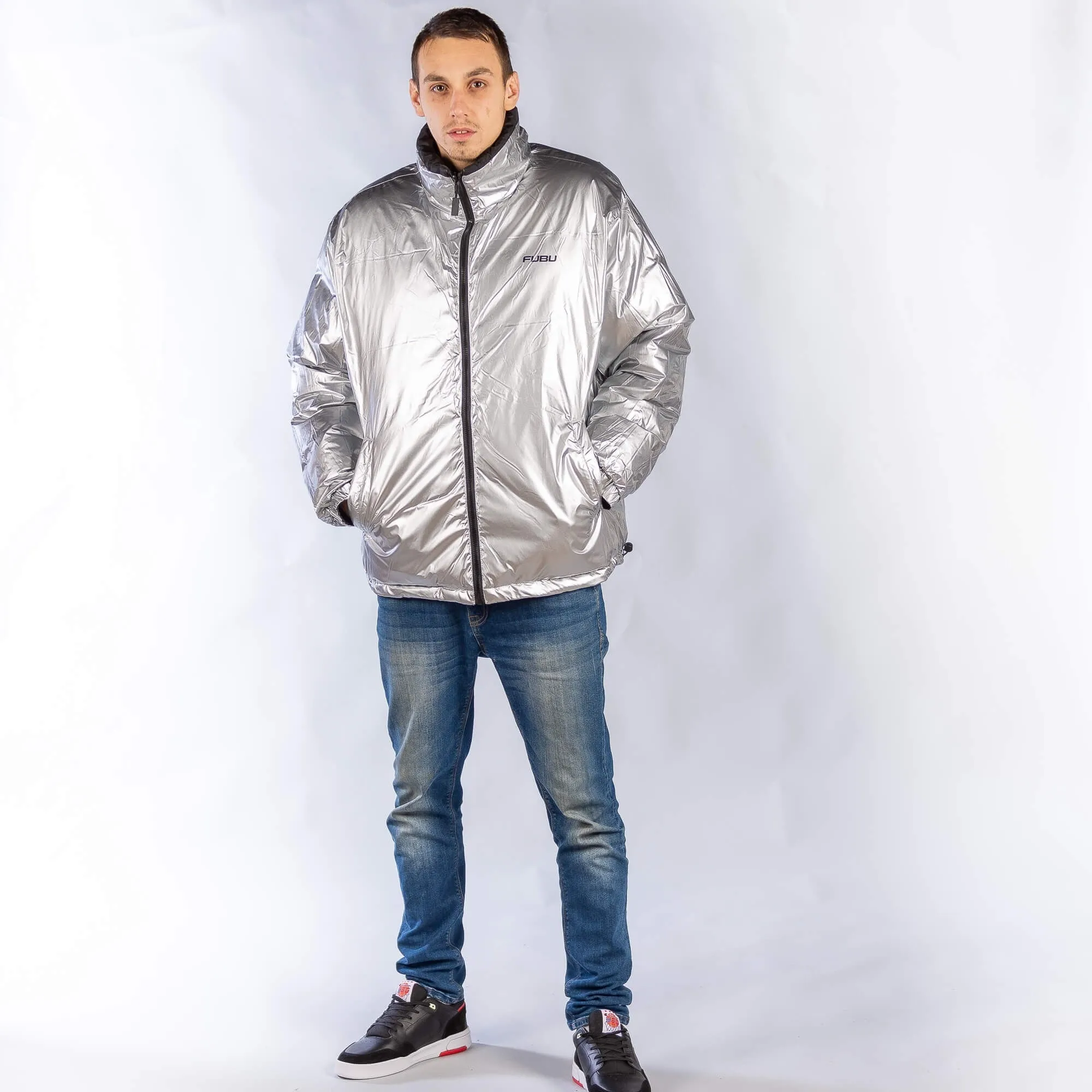 Obojstranná zimná bunda FUBU Corporate Reversible Puffer Jacket strieborná/čierna