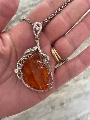One of a Kind Amber Pendant Necklace 925 Sterling Silver Wrapped Rare Natural Amber Necklace Statement Necklace Rare Find