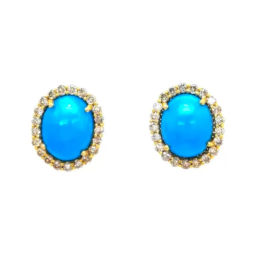 Oval Turquoise Diamond Halo Studs Earrings In 14K