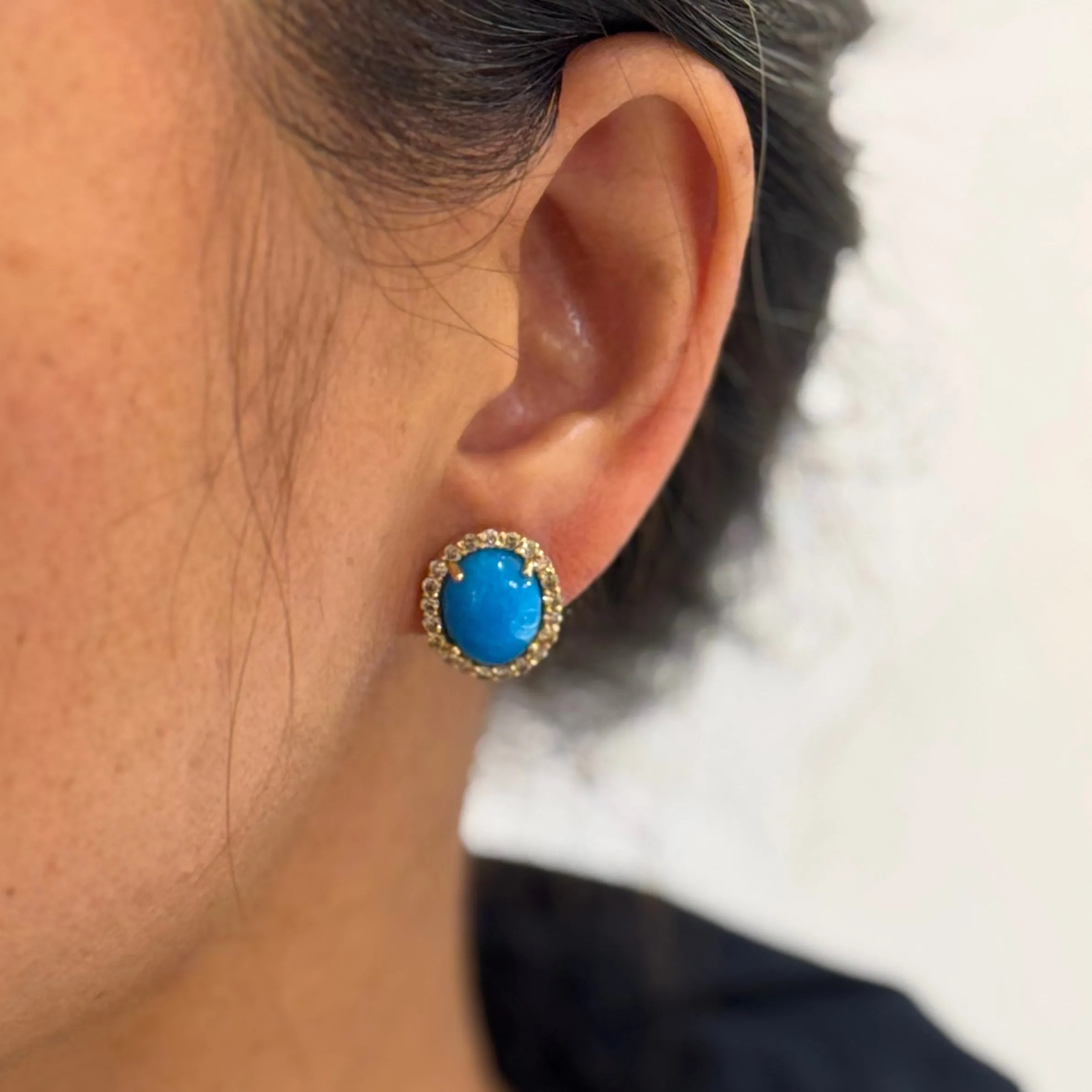 Oval Turquoise Diamond Halo Studs Earrings In 14K